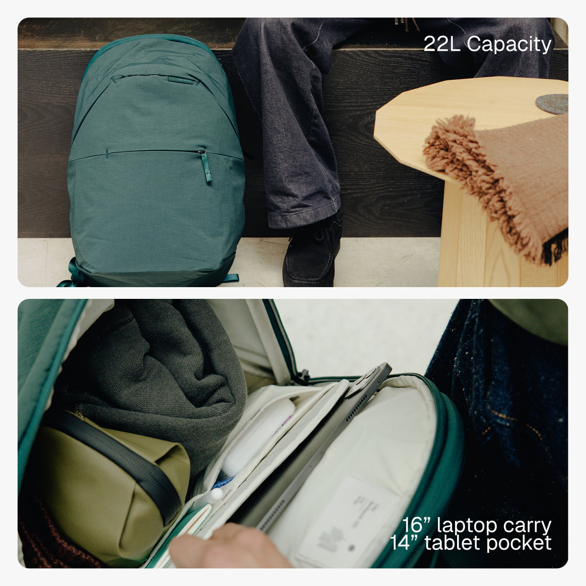 A dark teal backpack shown in a lifestyle setting next to a person's legs and a guitar, with a second inset showing the inside of the backpack containing a laptop and other gear. Text overlays read '22L Capacity' and '16" laptop carry 14" tablet pocket'.