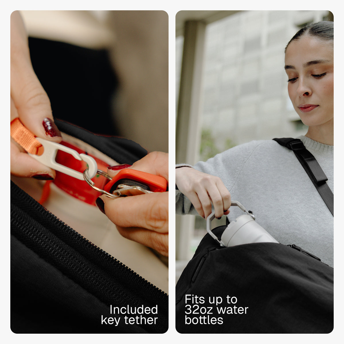 A split-screen product demonstration showing a black bag with an included orange and white key tether. The left panel shows a close-up of the key tether clipped onto the bag's zipper.