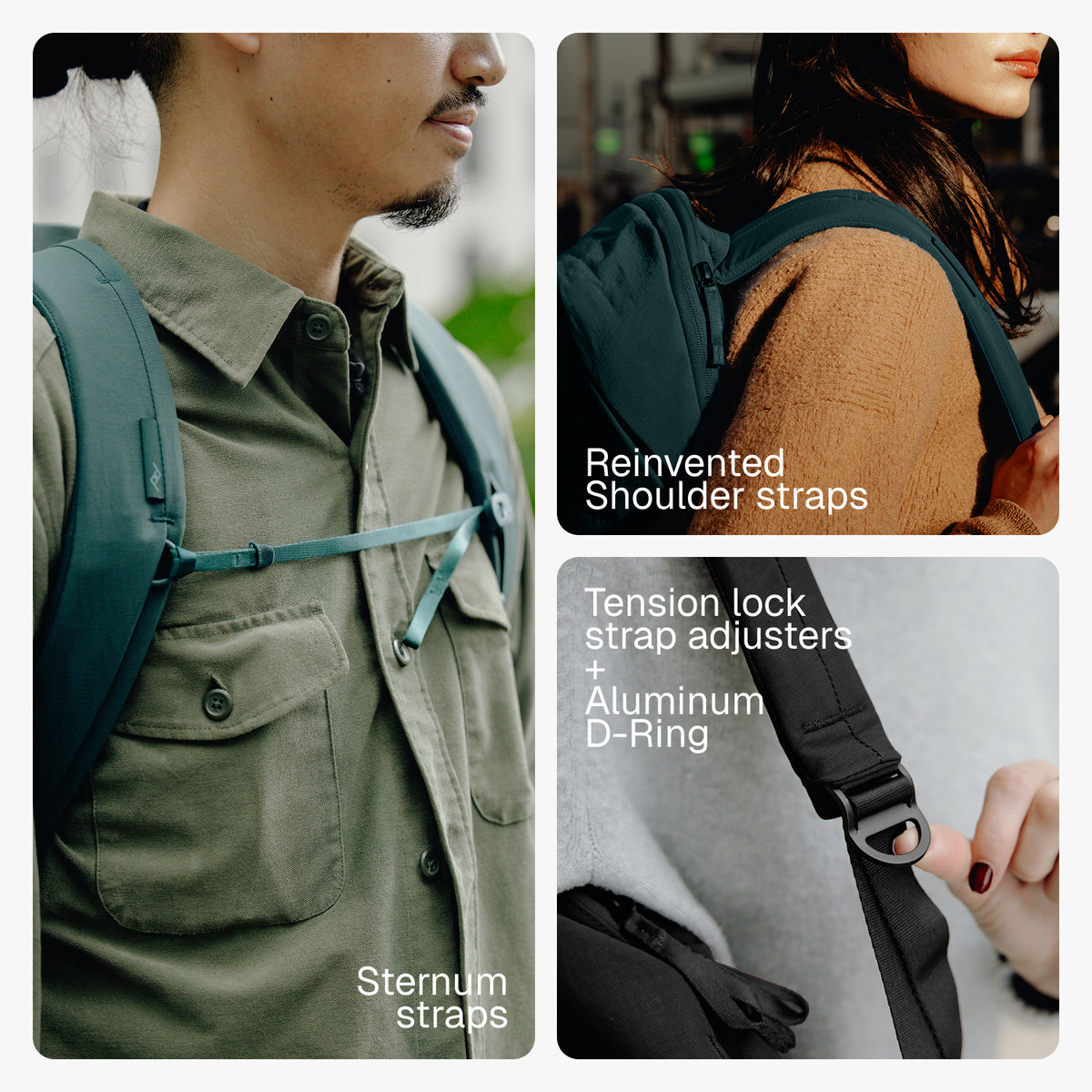 Three-panel product feature collage for a backpack. Left panel shows a man wearing the backpack with text 'Sternum straps'; right top panel shows a woman from the back wearing the backpack with text 'Reinvented Shoulder straps'; right bottom panel shows a close-up of the black strap buckle and text 'Tension lock strap adjusters + Aluminum D-Ring'.