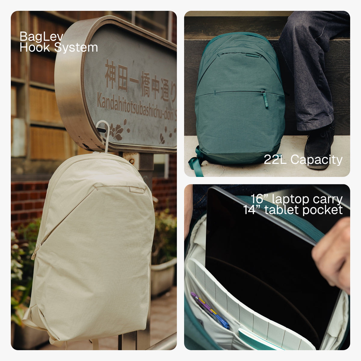 A 3-panel collage showcasing a backpack. The left panel shows a beige backpack hanging from a metal hook on a street sign, with text reading 'BagLev Hook System'.