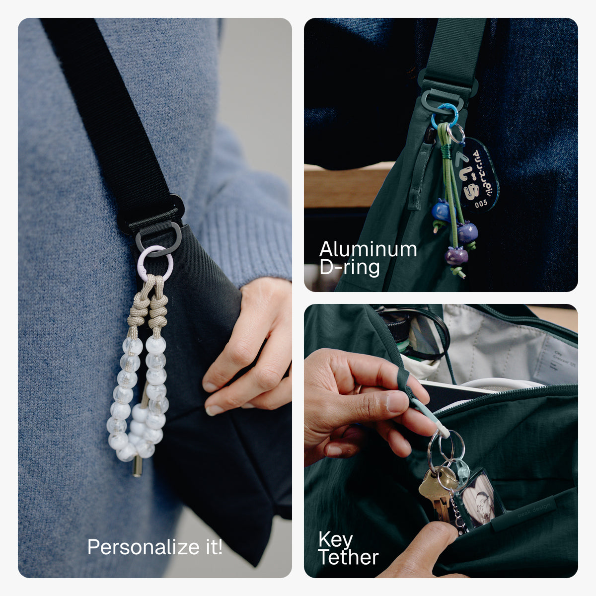 Peak Design City Crescent details: beaded charm on the strap, aluminium D-ring and internal key tether