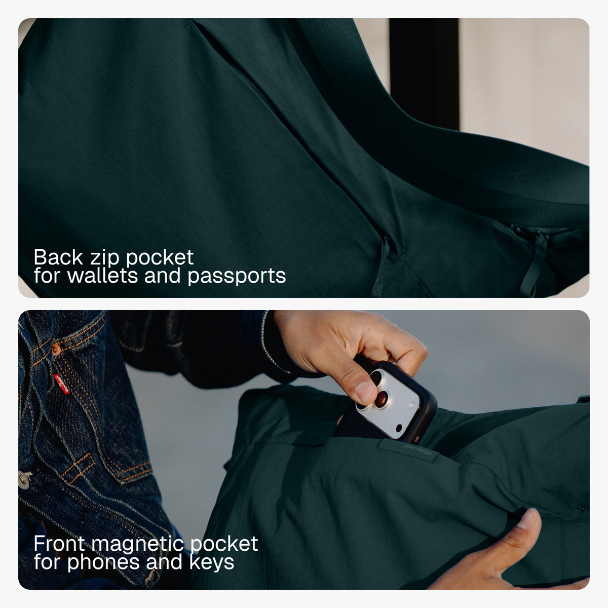 Peak Design City Crescent back zip pocket for wallet and passport, and front magnetic pocket for phone and keys