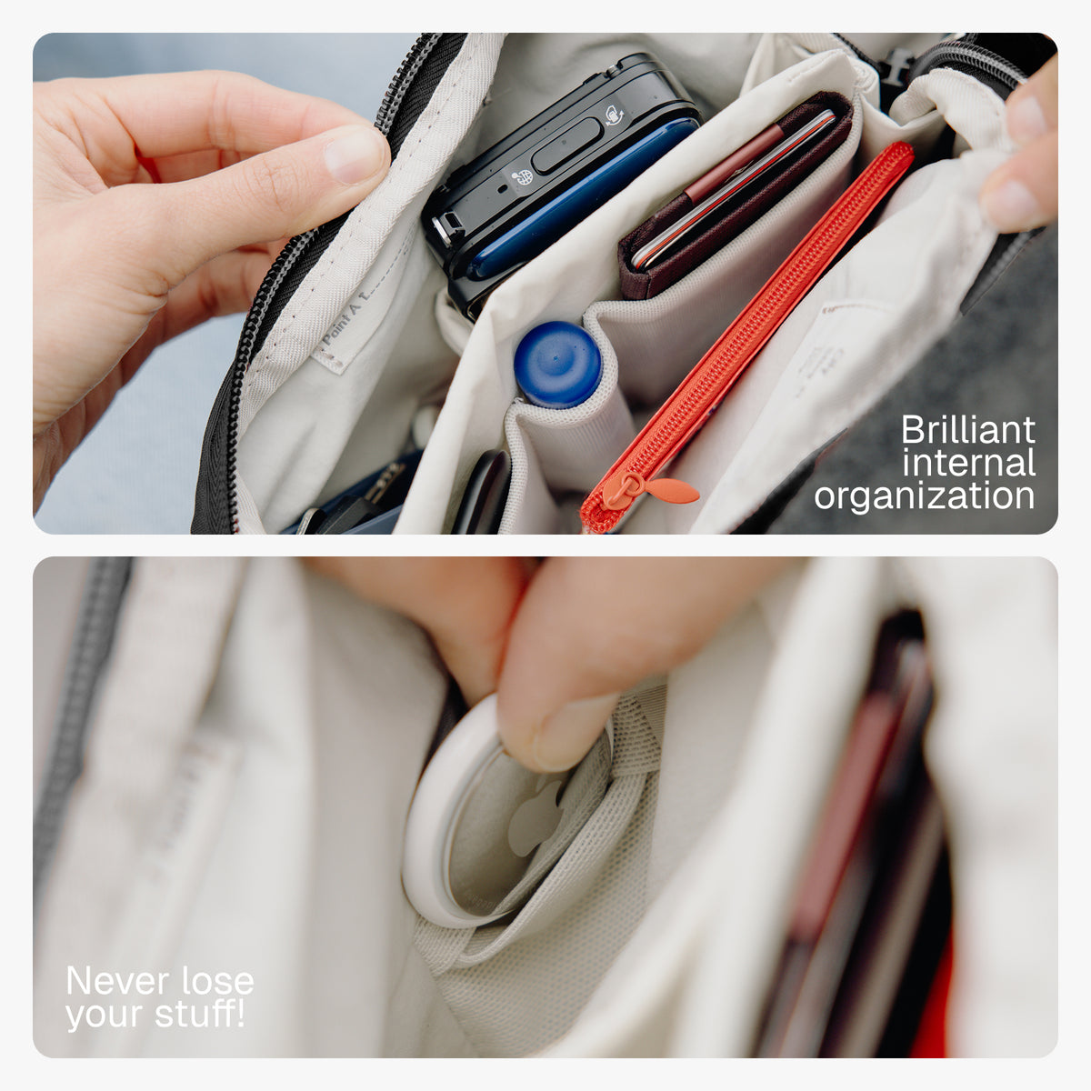 Internal organisation of the Peak Design City Sling 2L holding a phone, wallet and small accessories