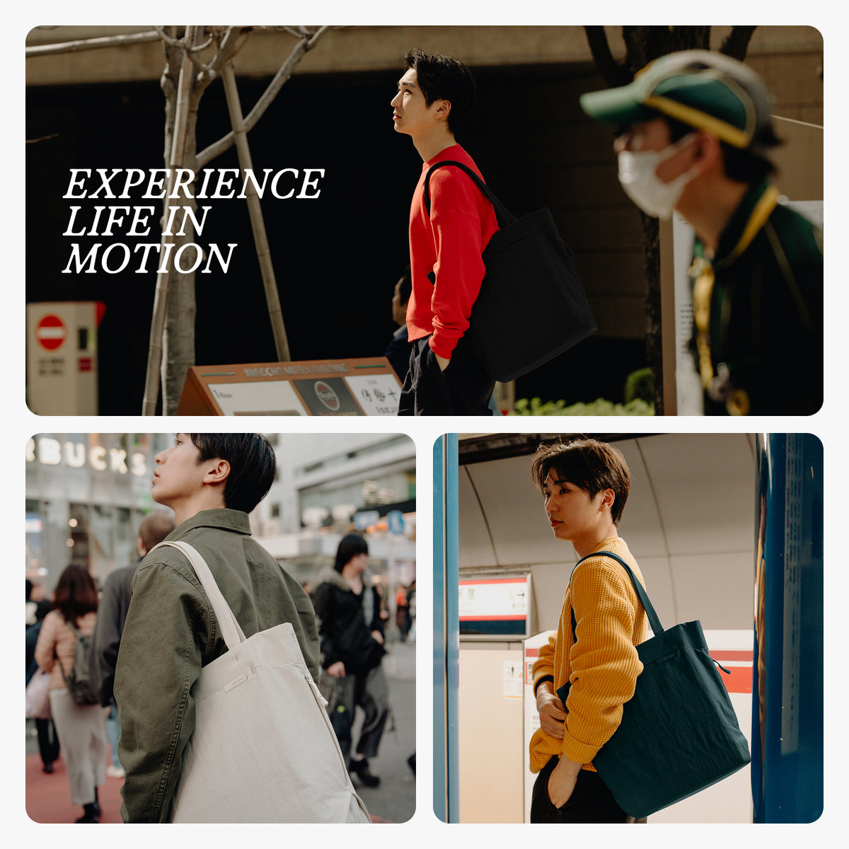 A three-panel collage showing a young man carrying different tote bags in real-world settings. The top panel shows him in a red sweatshirt carrying a black tote bag, with the text 'EXPERIENCE LIFE IN MOTION' overlaid.