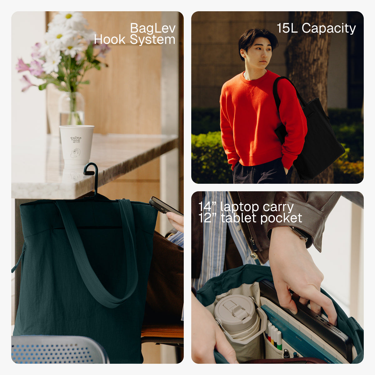 A four-panel promotional collage for a tote bag. The top-left panel shows the bag hanging from a hook on a counter with flowers in the background and the text 'BagLev Hook System.