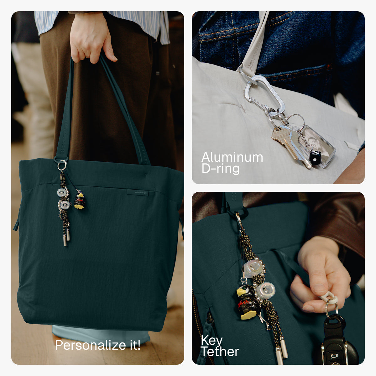 A dark teal tote bag shown in a three-panel collage, with a person holding it, close-ups of its aluminum D-ring and key tether attachments, and text reading 'Personalize it!' and 'Aluminum D-ring' and 'Key Tether'.