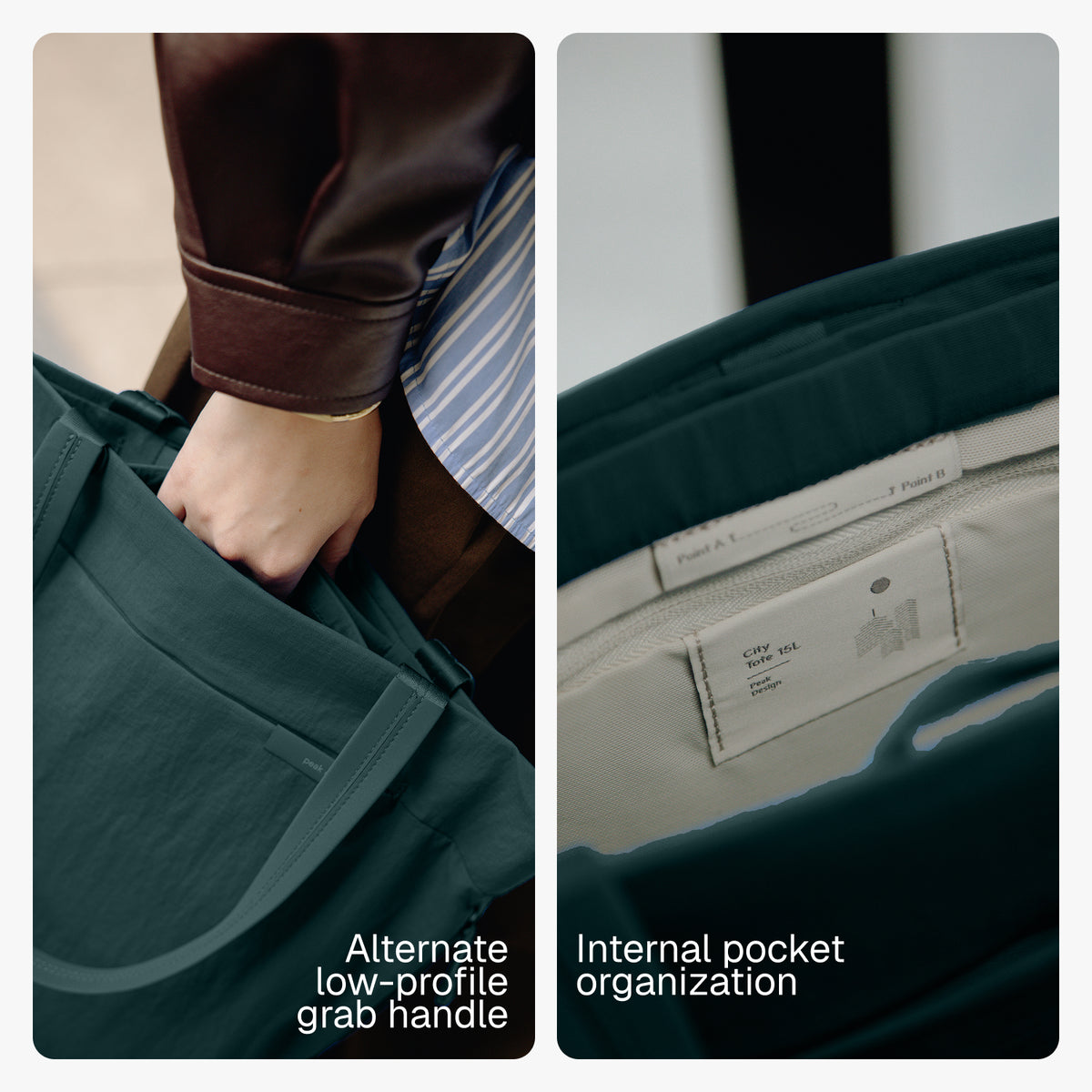 A split-screen product demonstration of a dark teal tote bag. The left panel shows a person's hand reaching into the bag's alternate low-profile grab handle, with a brown leather jacket sleeve visible.