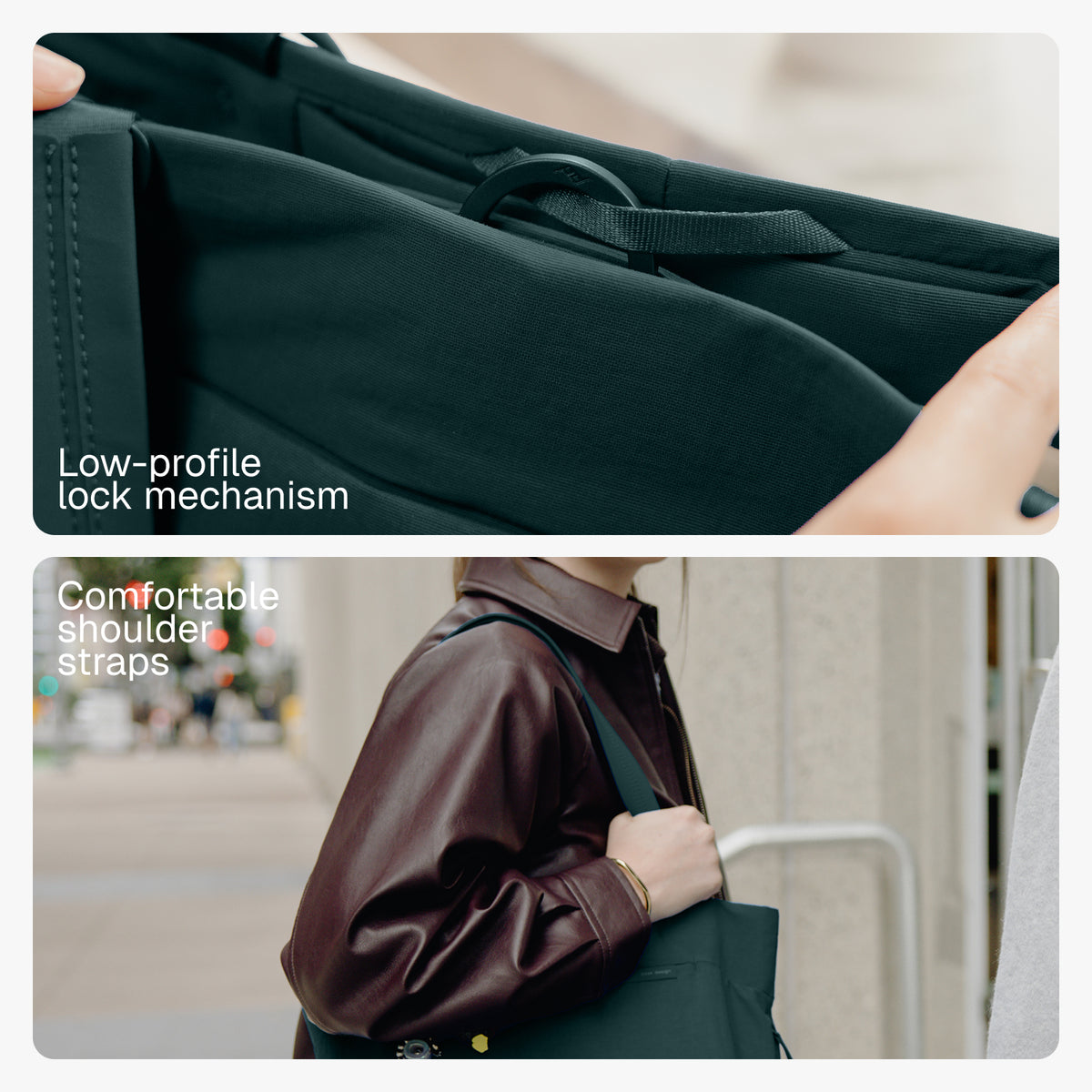 Two-panel close-up and lifestyle view of a dark green tote bag. The top panel shows a close-up of the black low-profile lock mechanism held by hands, with text reading 'Low-profile lock mechanism.