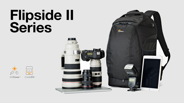 A black Lowepro Flipside II camera backpack shown with photography gear props, including a telephoto lens, camera body/lens, flash, and tablet, on a light gray background with the text 'Flipside II Series'.