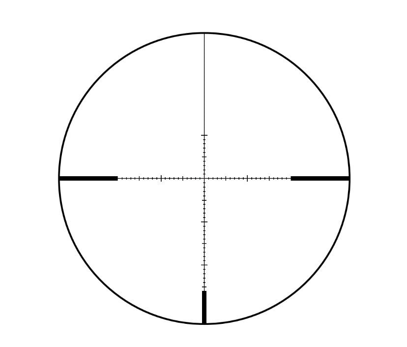A black crosshair reticle diagram on a white background, featuring a circular scope shape with a vertical and horizontal crosshair made of solid and dotted lines.