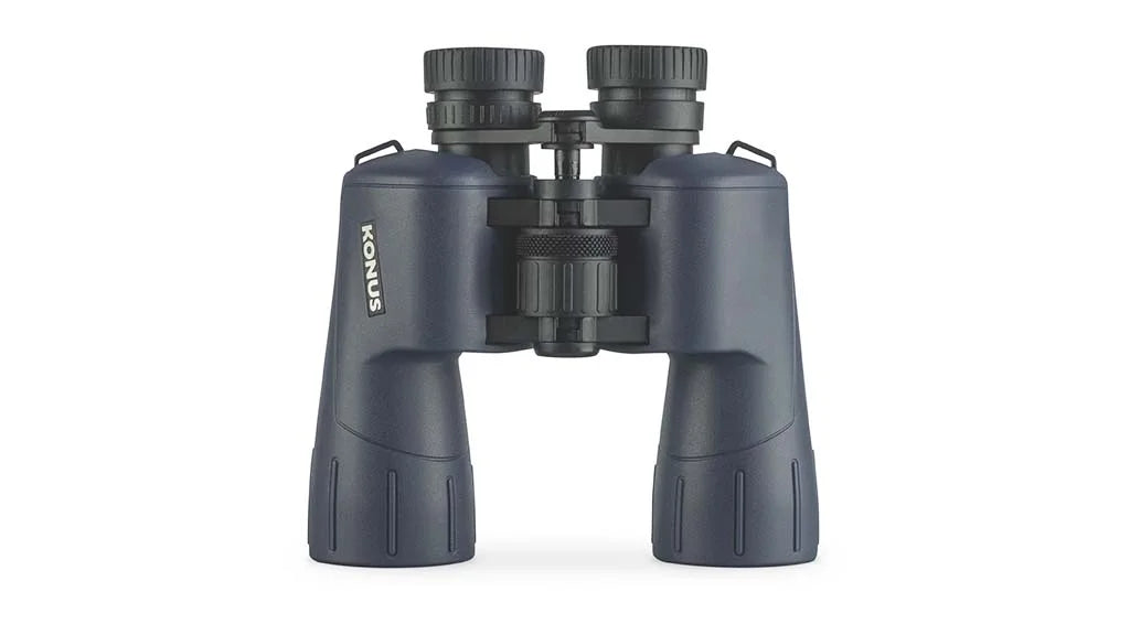 A pair of Konus binoculars in dark navy blue, shown from the front against a plain white background.