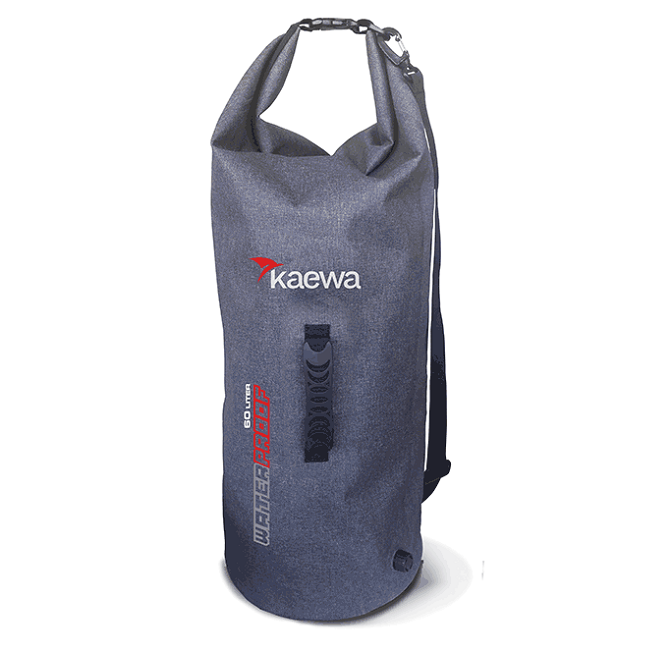 Gray dry bag with 'kaewa' branding on a white background