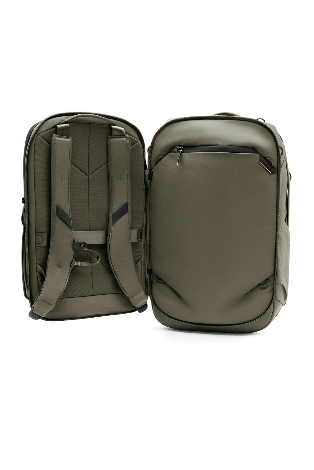 Two beige backpacks connected on a white background