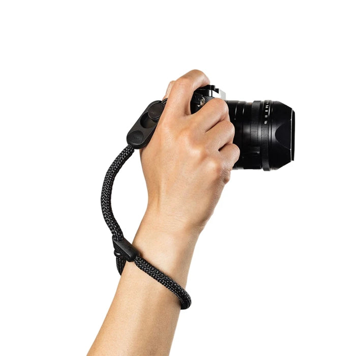 Hand holding a camera with a black camera strap on a white background