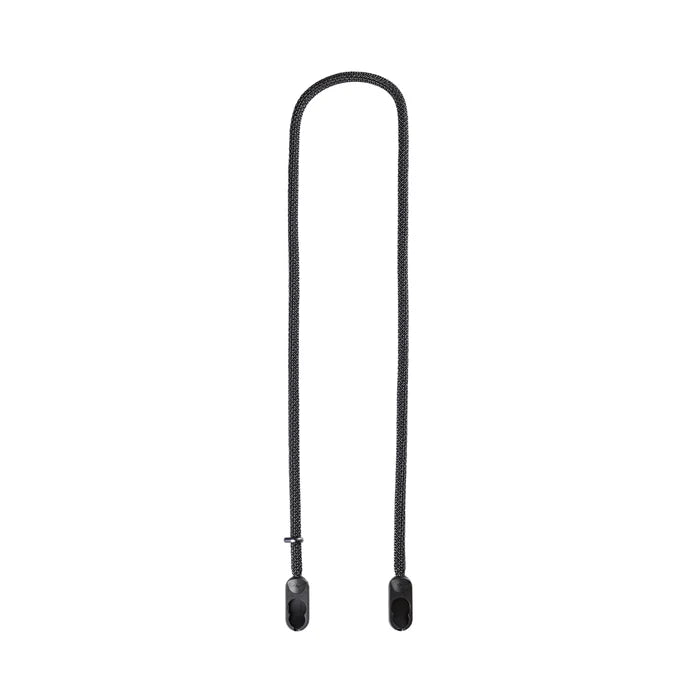 Black camera strap on a white background