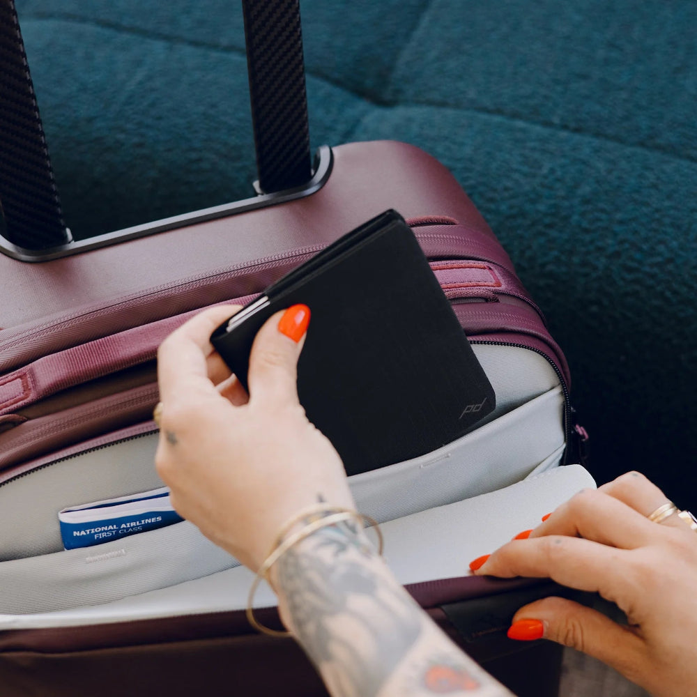 Person holding a black wallet next to a suitcase on a seat