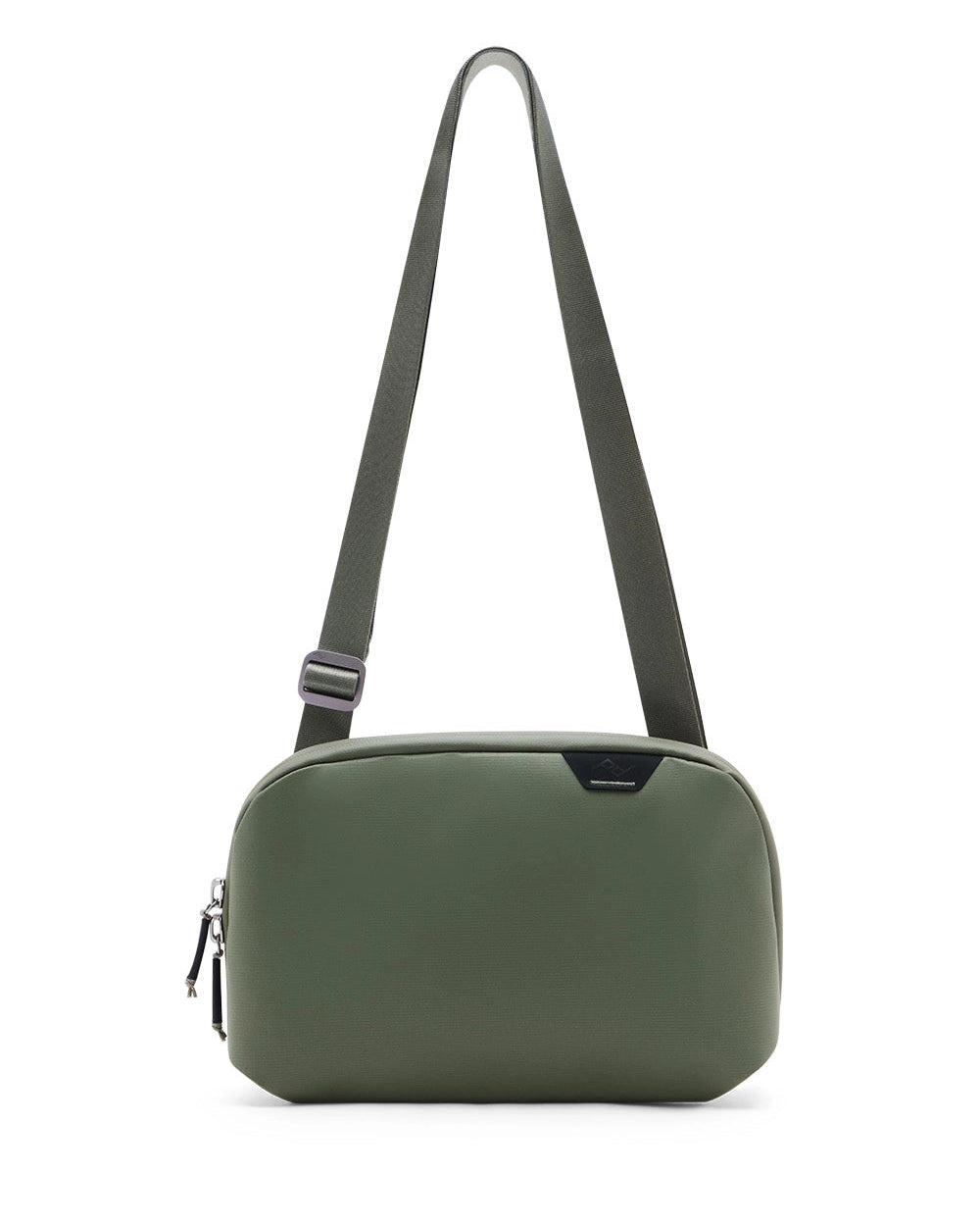 Green crossbody bag with a strap on a white background
