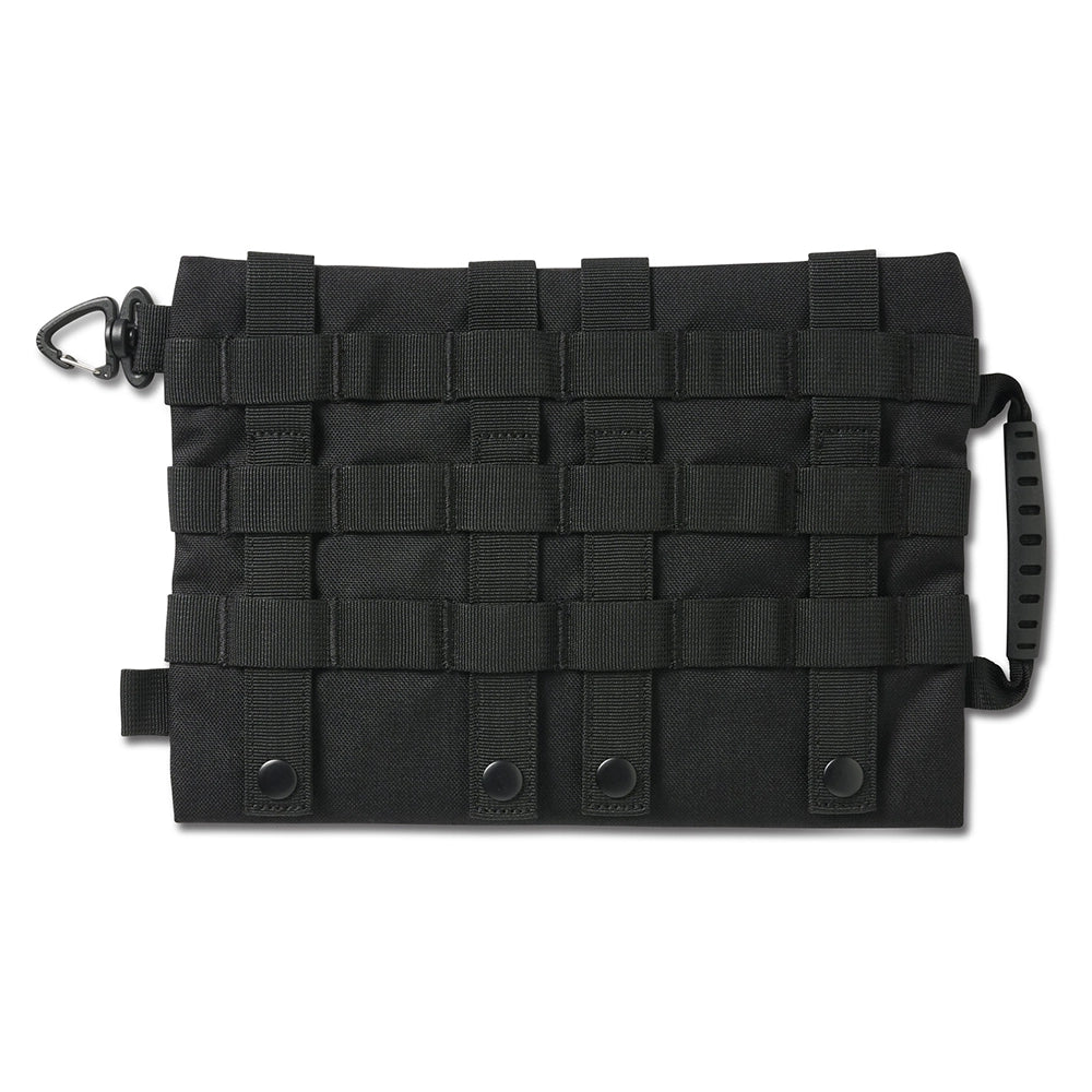Black tactical pouch with multiple straps on a white background