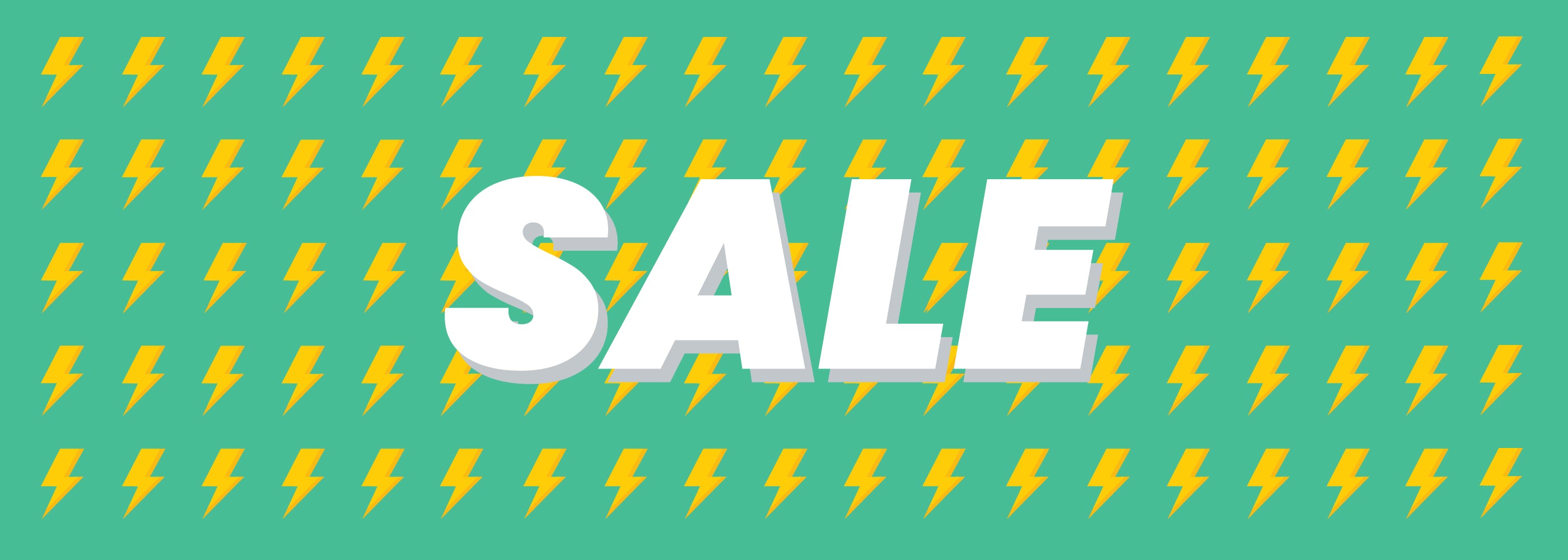 Sale text with yellow lightning bolts on a green background