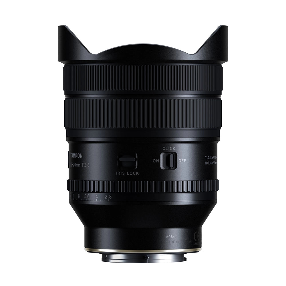 A black Tamron Telephoto 200mm F2.8 lens with a petal-shaped lens hood, shown on a solid white background.