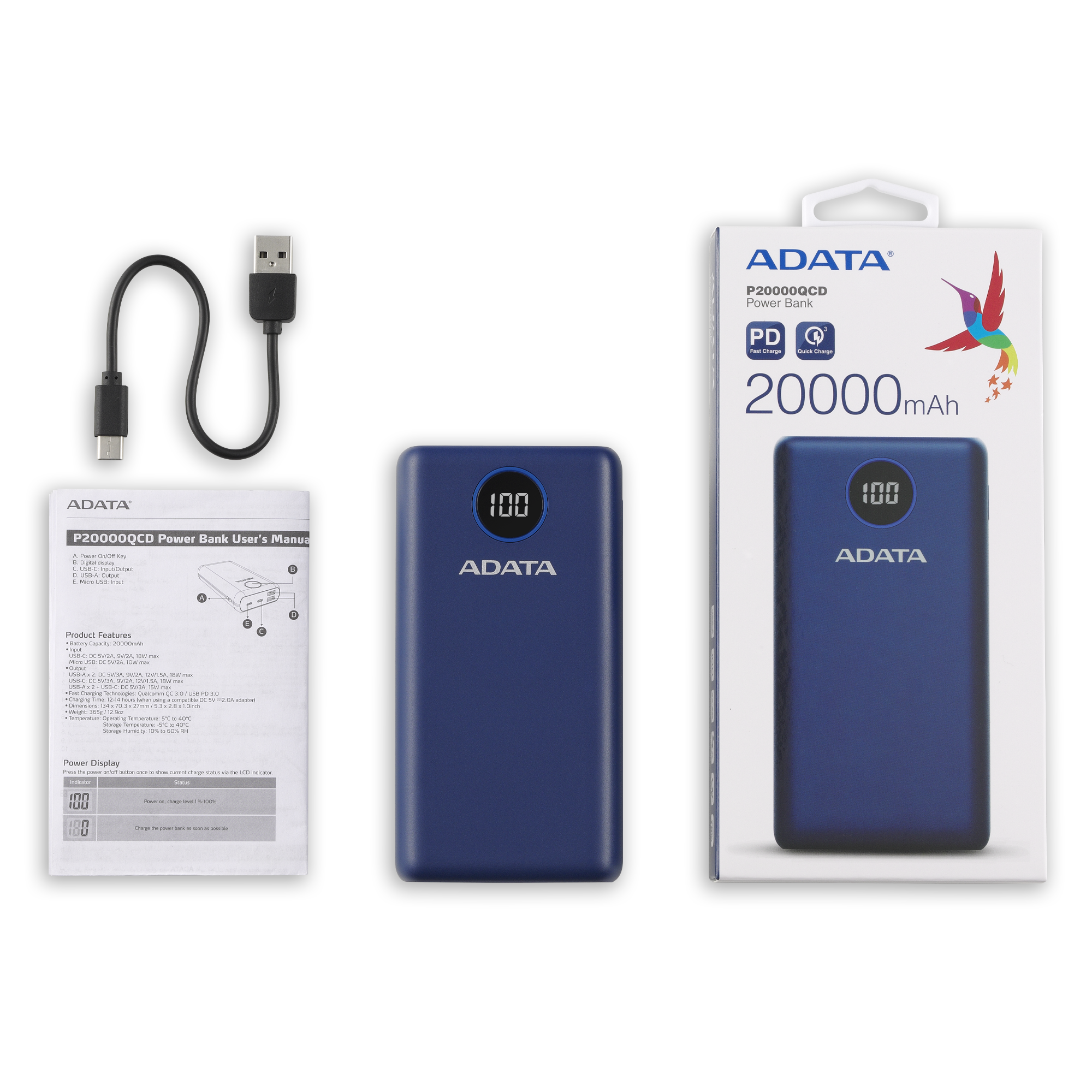 Adata P20000QCD Power Bank 20000mAh USB PD 3.0 USB A USB C