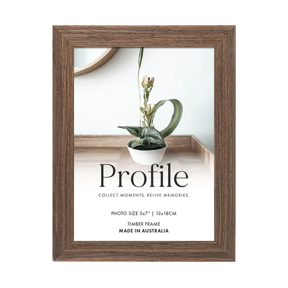 Eco-sustainable 20mm(W) x 20mm(D) wooden picture frame with chestnut stain finish. Includes genuine glass, solid MDF backing, and double-layered acid-free Ice White matboard for harmony and balance. Made in Australia. Photo size 5x7