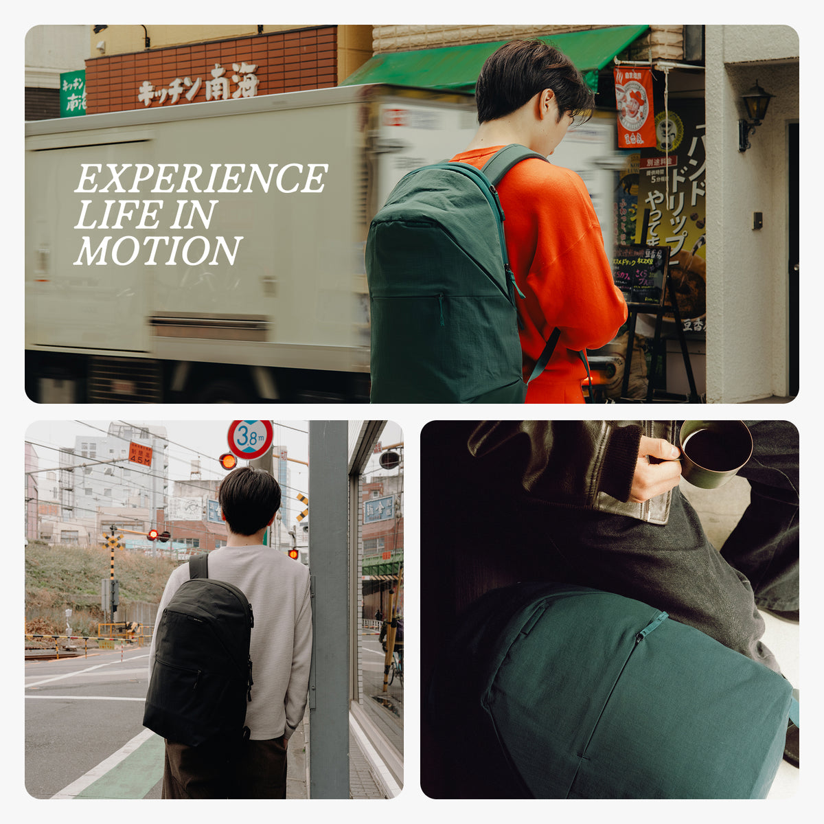 A three-panel collage showcasing a dark teal green backpack in real-world settings. The top panel shows a person from behind wearing the backpack while walking next to a passing white truck, with the text 'EXPERIENCE LIFE IN MOTION' overlaid.