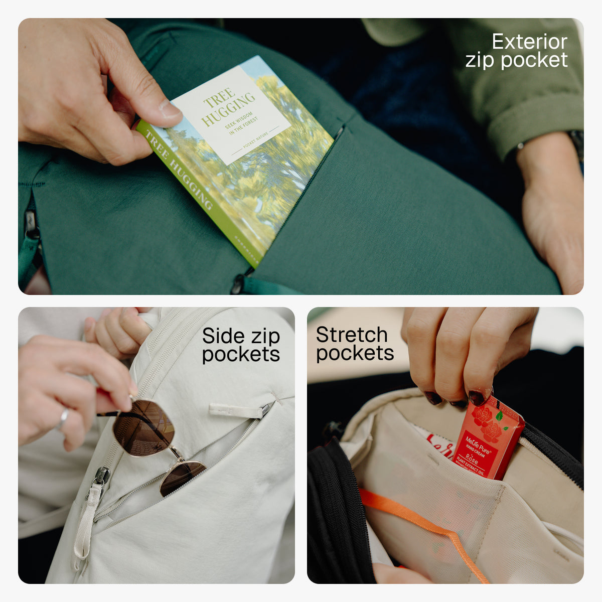 Three-panel collage showing a backpack's storage features: an exterior zip pocket holding a book, side zip pockets with sunglasses, and stretch pockets containing a phone and small item. Text labels identify each feature.