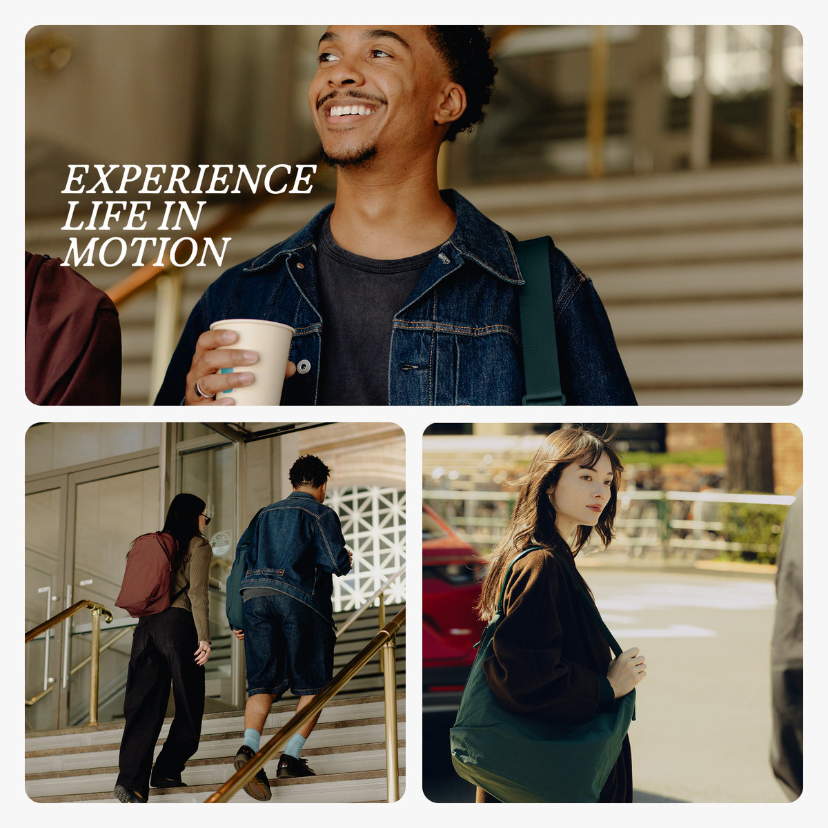 A three-panel lifestyle collage showing people in an urban setting. The top panel shows a smiling man in a denim jacket holding a coffee cup with the text 'EXPERIENCE LIFE IN MOTION' overlaid.