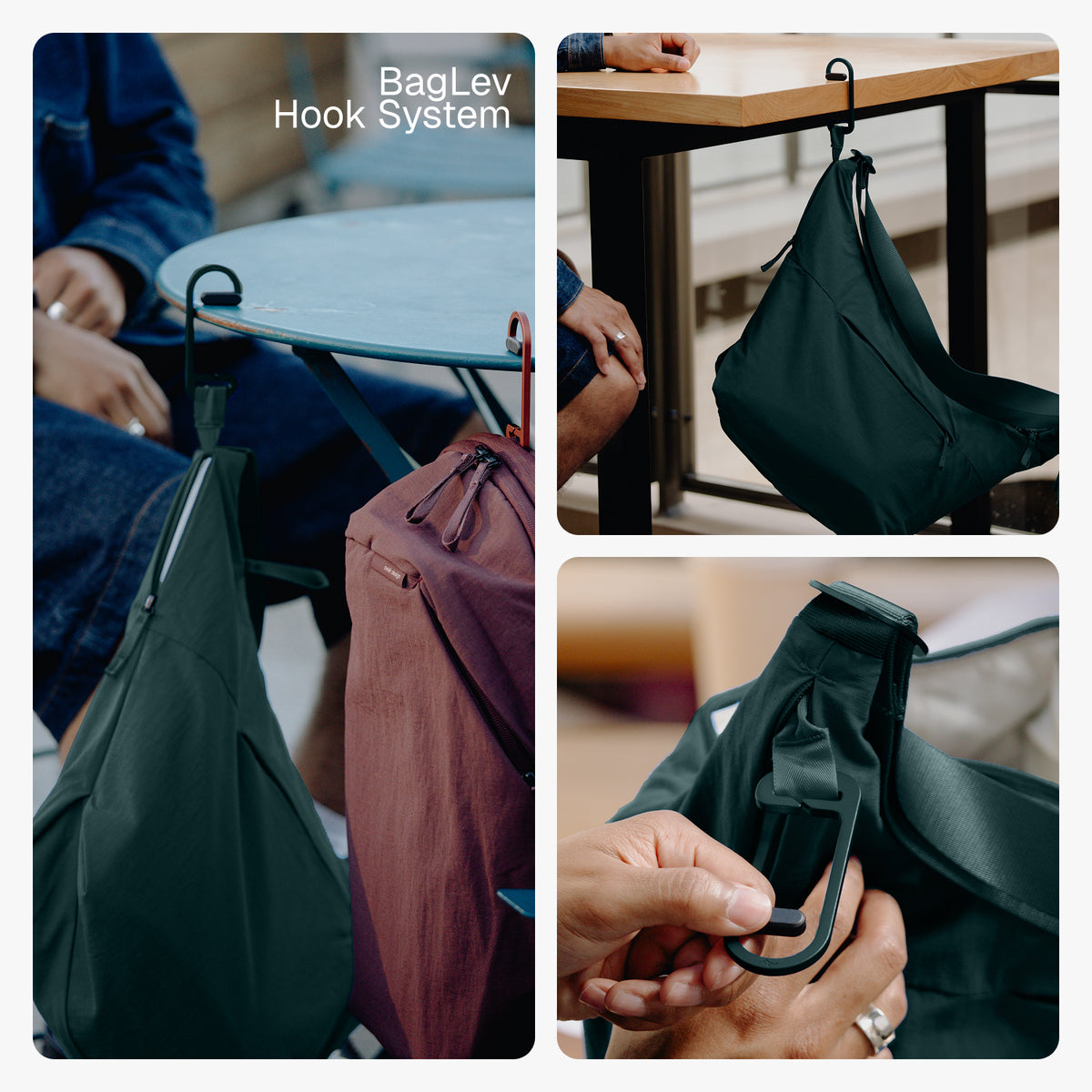 A three-panel collage demonstrating a dark green hobo-style bag hanging from a black metal hook on furniture in a cafe-like setting. The left panel shows the bag hanging next to a burgundy bag, with the text 'BagLev Hook System' visible.