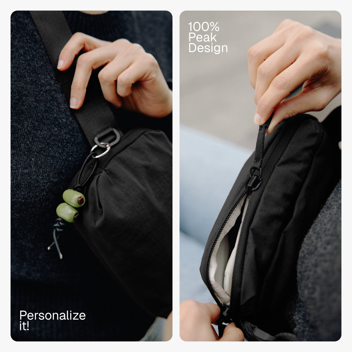 A split-panel product demonstration of a black crossbody bag worn by a person. The left panel shows the bag with a green and white beaded zipper pull and the text 'Personalize it!'.