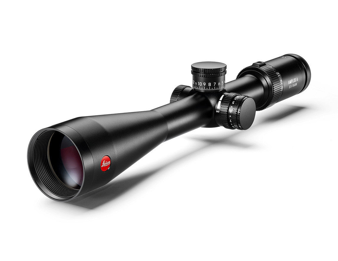 Leica Amplus 6 scope in matte black with a red Leica logo on the eyepiece, shown on a clean white background with a soft shadow.