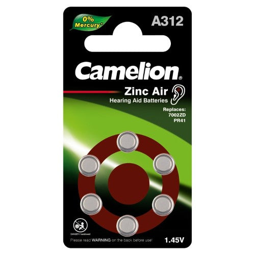 Camelion A312 1.4V Zinc Air Hearing Aid Battery 6 Pack