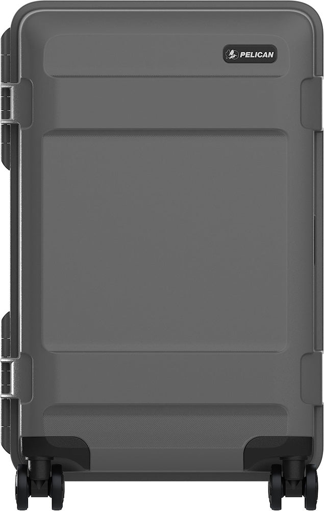 Gray suitcase with Pelican logo on a white background