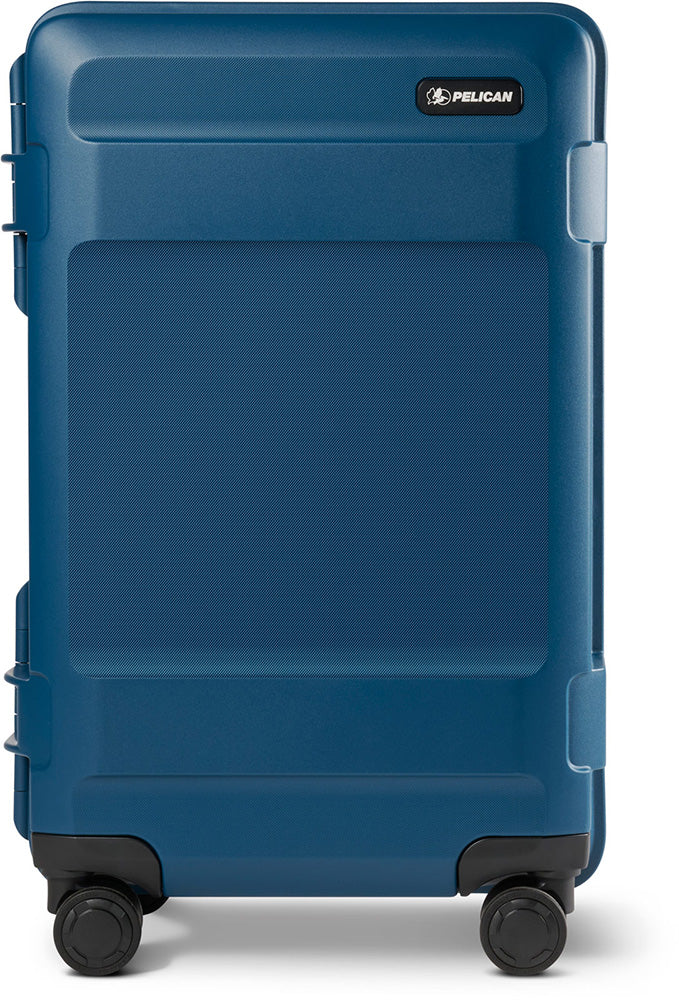 A blue Pelican hard-shell spinner suitcase shown from a front three-quarter angle on a white background.