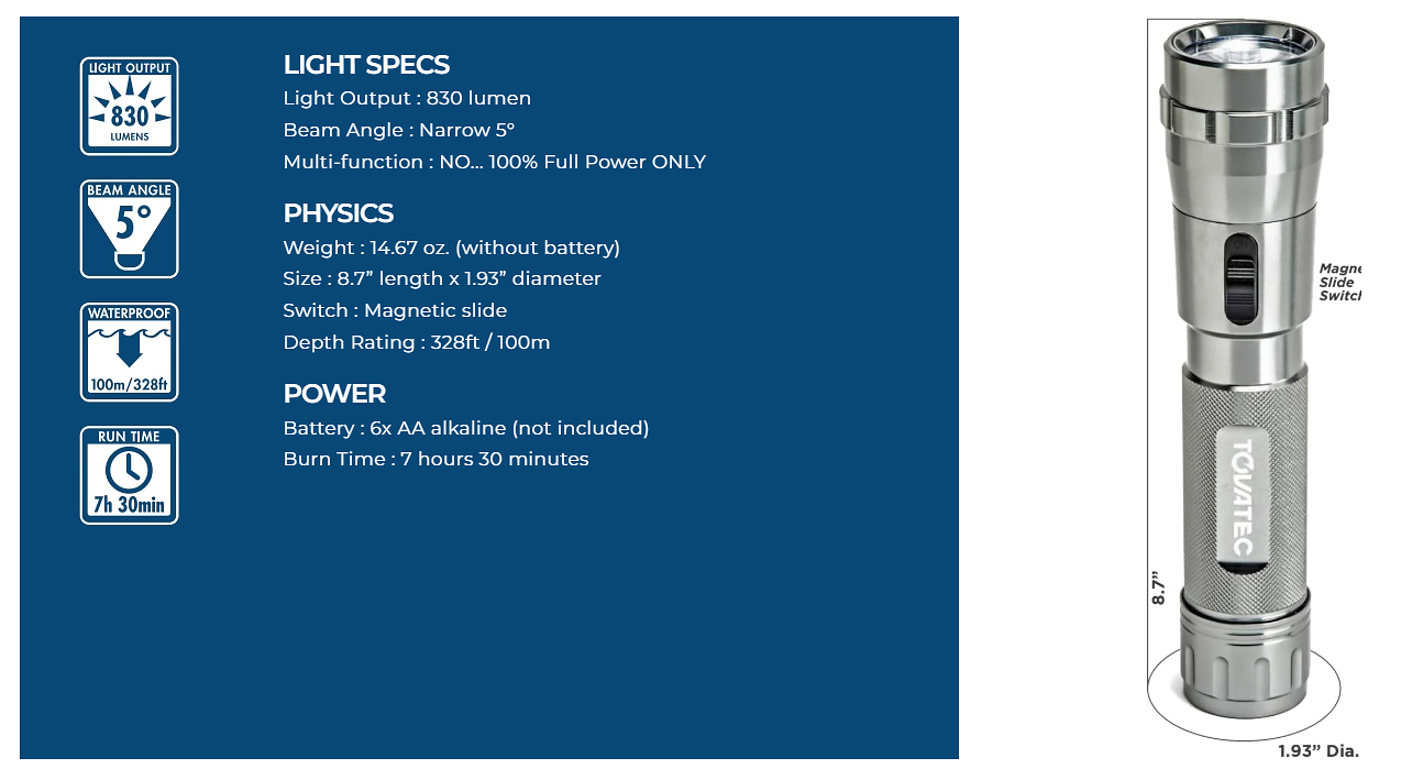 Tovatec Ultra III 830 Lumens Waterproof Torch