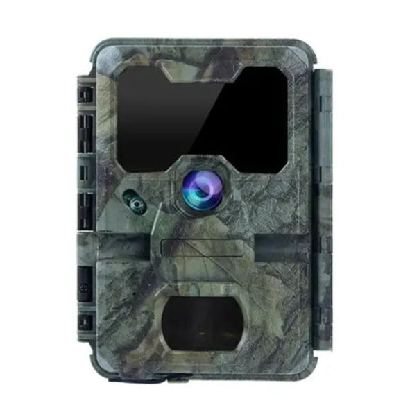 Camouflage-patterned wildlife camera on a white background