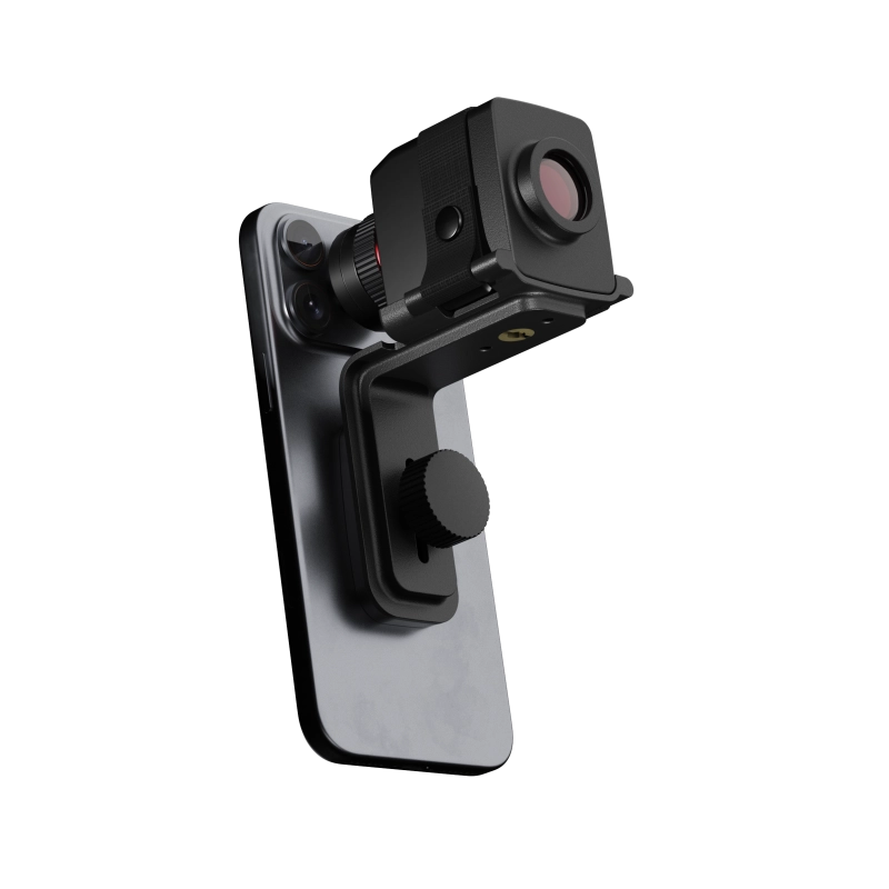 A black magnetic phone mount with an integrated 10x monocular, shown at an angle on a plain white background.