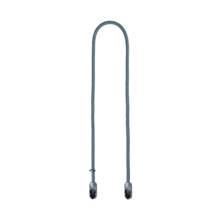 Metallic camera strap with two clips on a white background