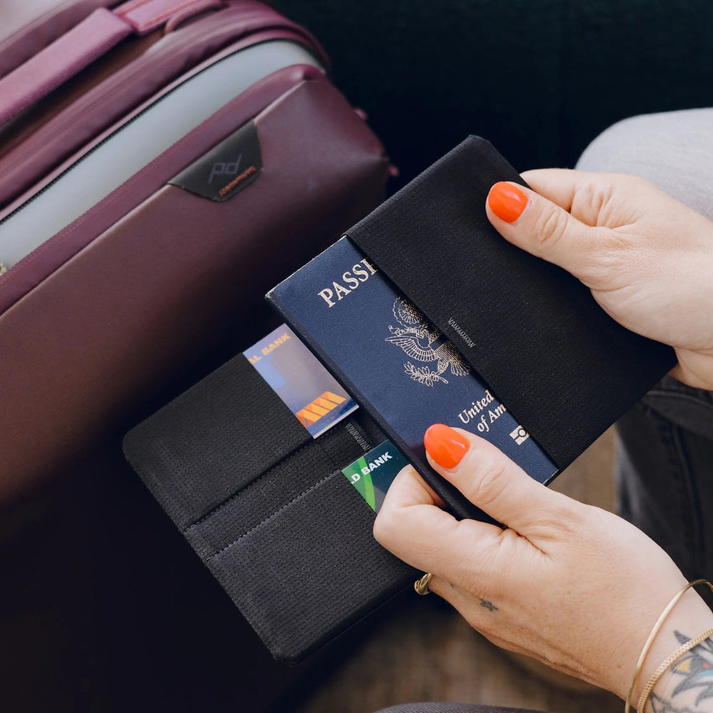 Person holding a passport and wallet with a suitcase in the background