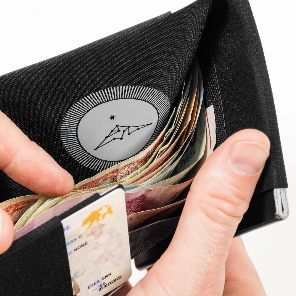 Person holding a black wallet with money and cards on a white background