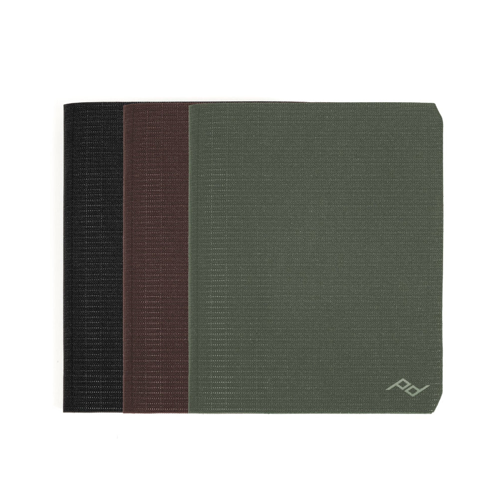 three wallets with textured covers, one black, one dark red, and one green, on a white background.
