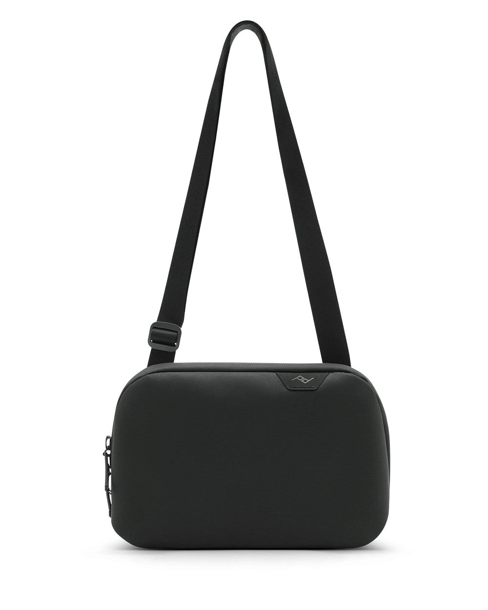 Black crossbody bag on a white background