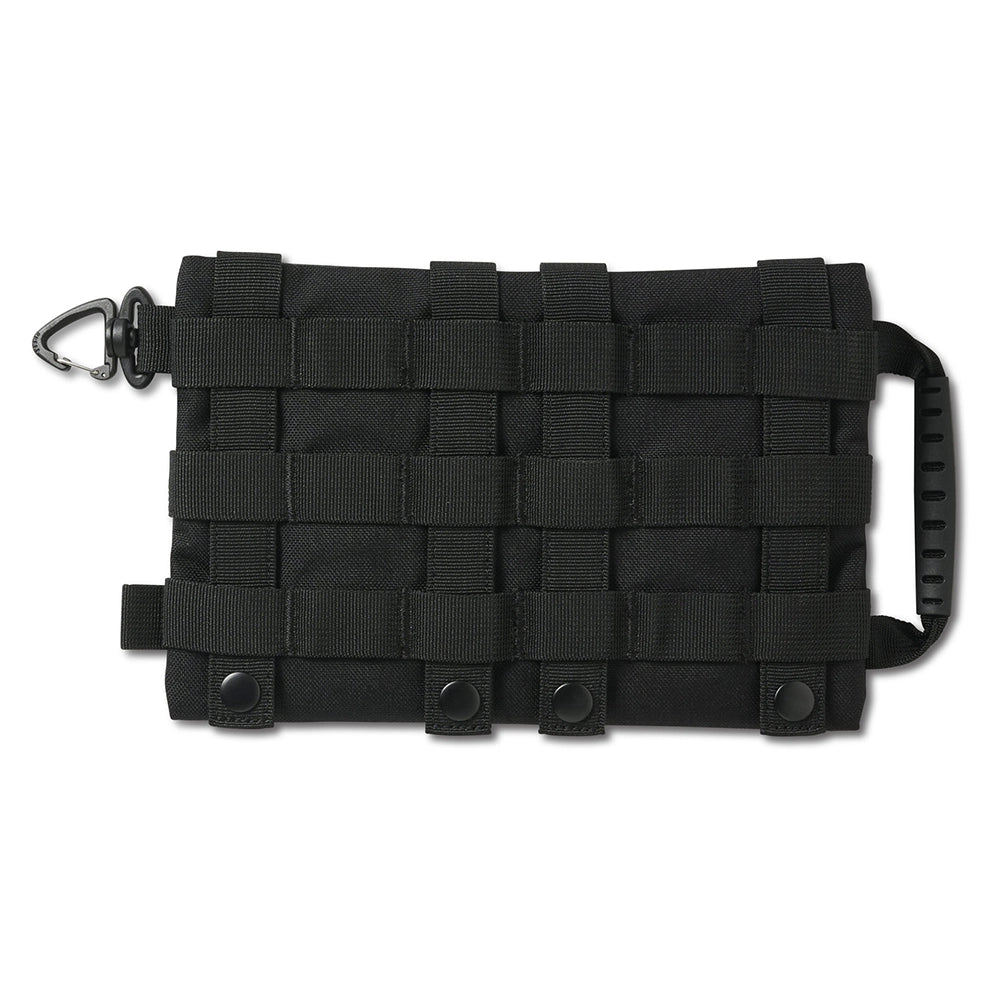 Black tactical pouch with multiple straps on a white background