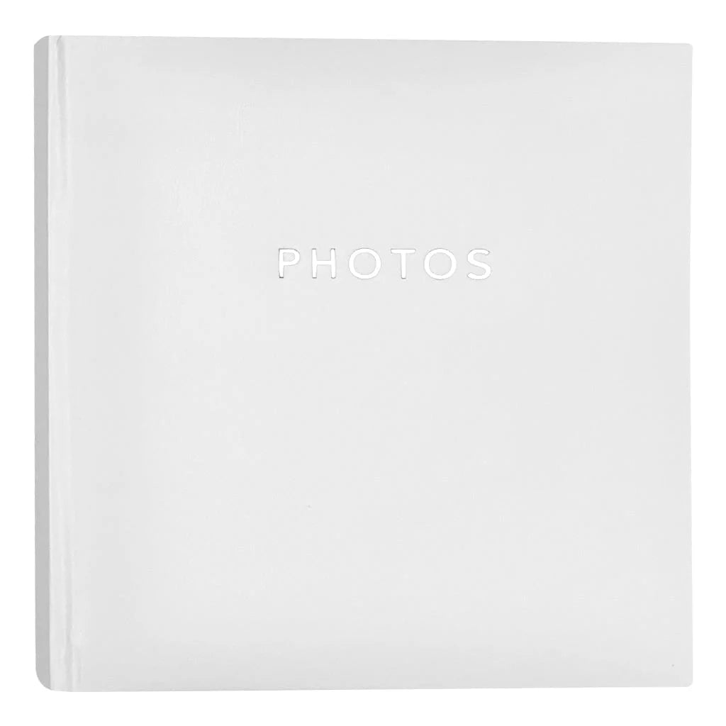 A square white hardcover book or album cover with the word 'PHOTOS' centered on the front, shown against a plain white background.