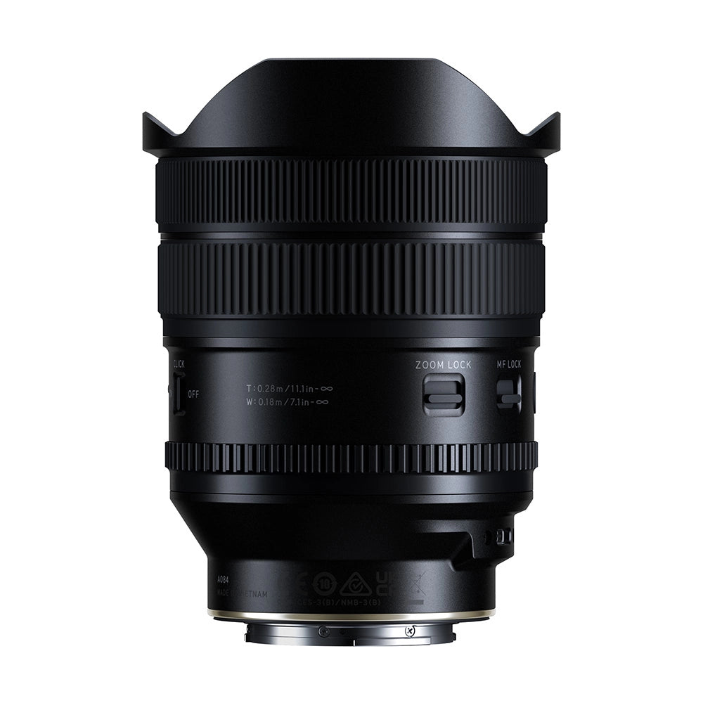 Sony FE 24mm f/1.4 GM II camera lens in black, featuring a petal-shaped lens hood, front focus ring, zoom lock, and MT-LCD screen protector, shown on a solid white background.