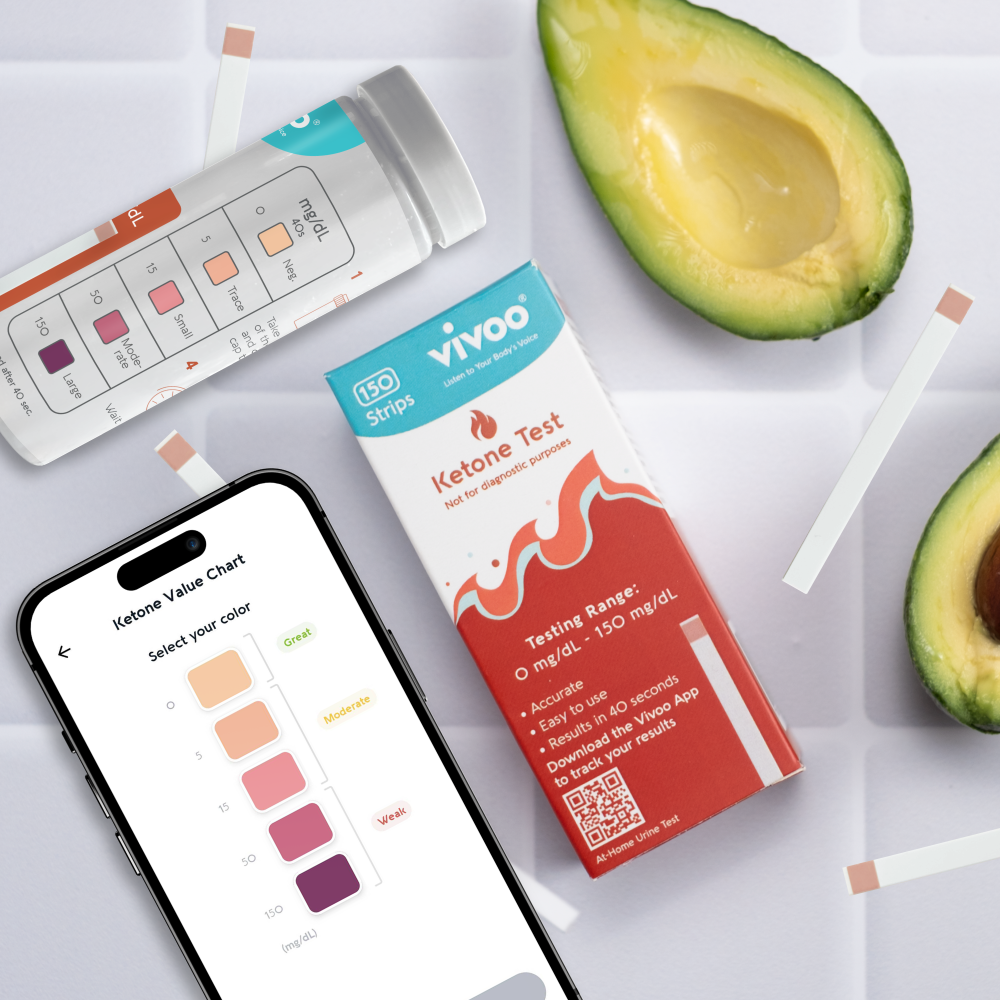 Vivoo ketone test strips and packaging arranged on a light surface with avocado halves and a smartphone showing a ketone value chart. The main sold product appears to be the Vivoo ketone test kit, with test strips, a box, and a tube visible.