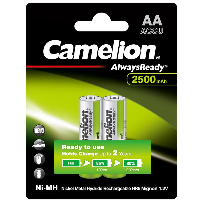 Camelion AlwaysReady Ni-MH Rechargeable Batteries AA 2500MAH 2 Pack with FREE BONUS Charger