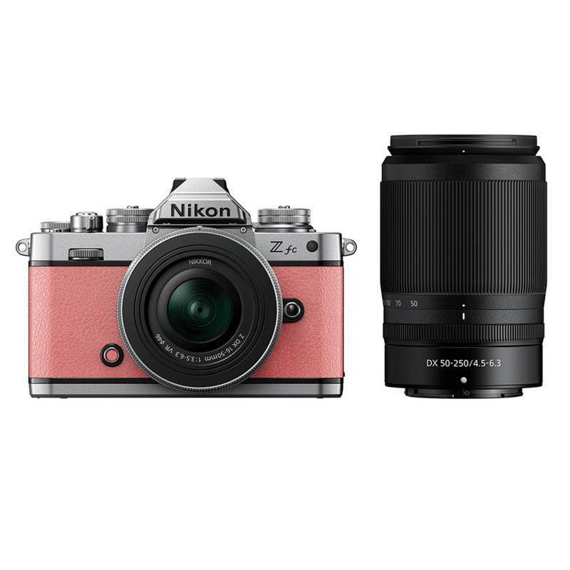 Nikon Z FC Coral Pink with Nikkor Z DX 16-50mm VR Silver & 55-250 VR Black