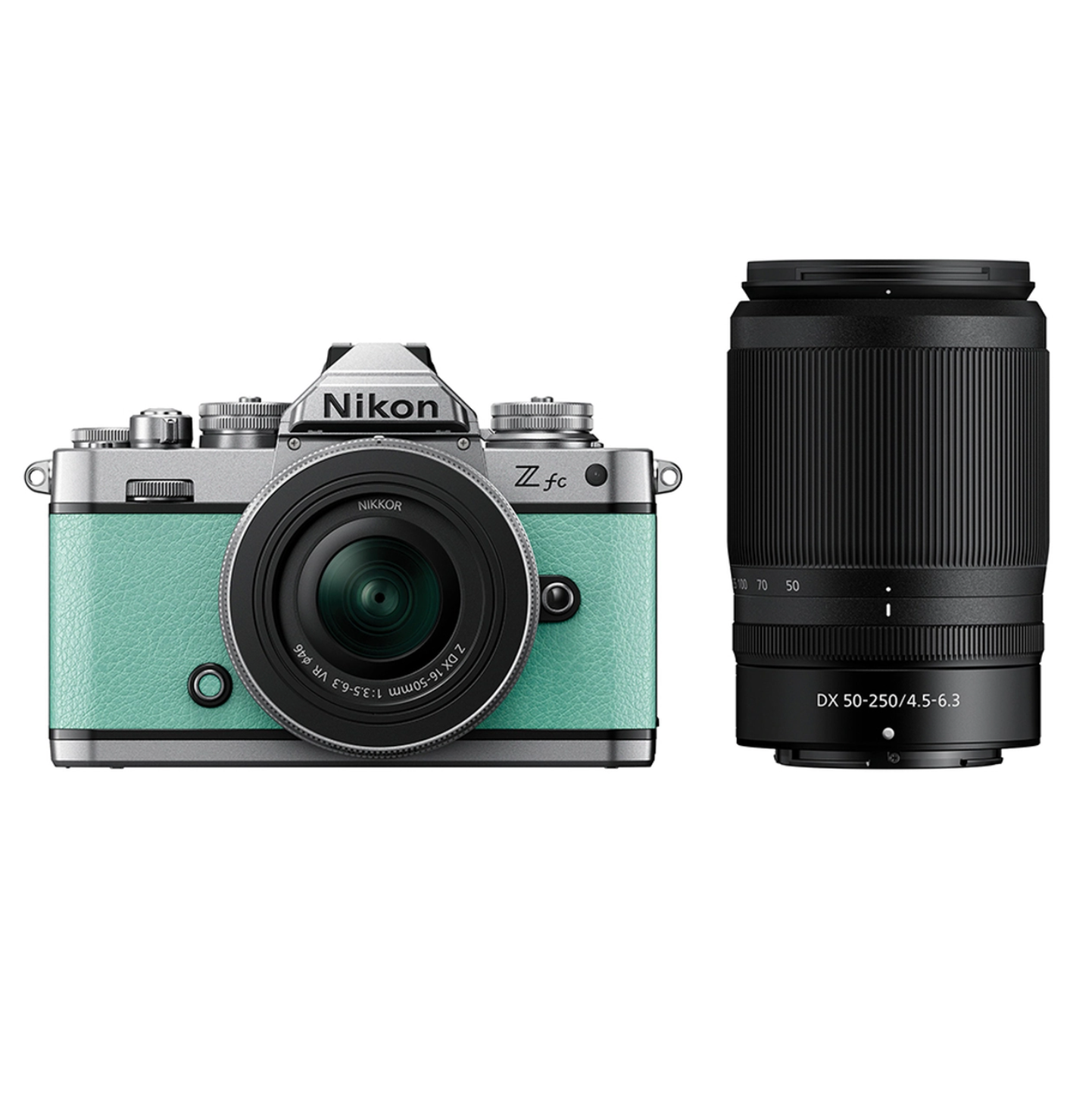 Nikon Z FC Mint Green with Nikkor Z DX 16-50mm VR Silver & 55-250 VR Black